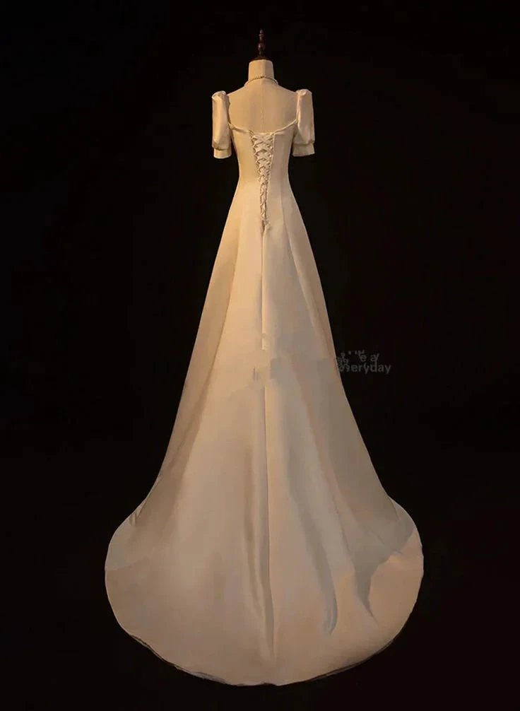Elegant White Satin A-line Wedding Party Dress Long Prom Dress Evening Gown Y7546 by simplepromdress