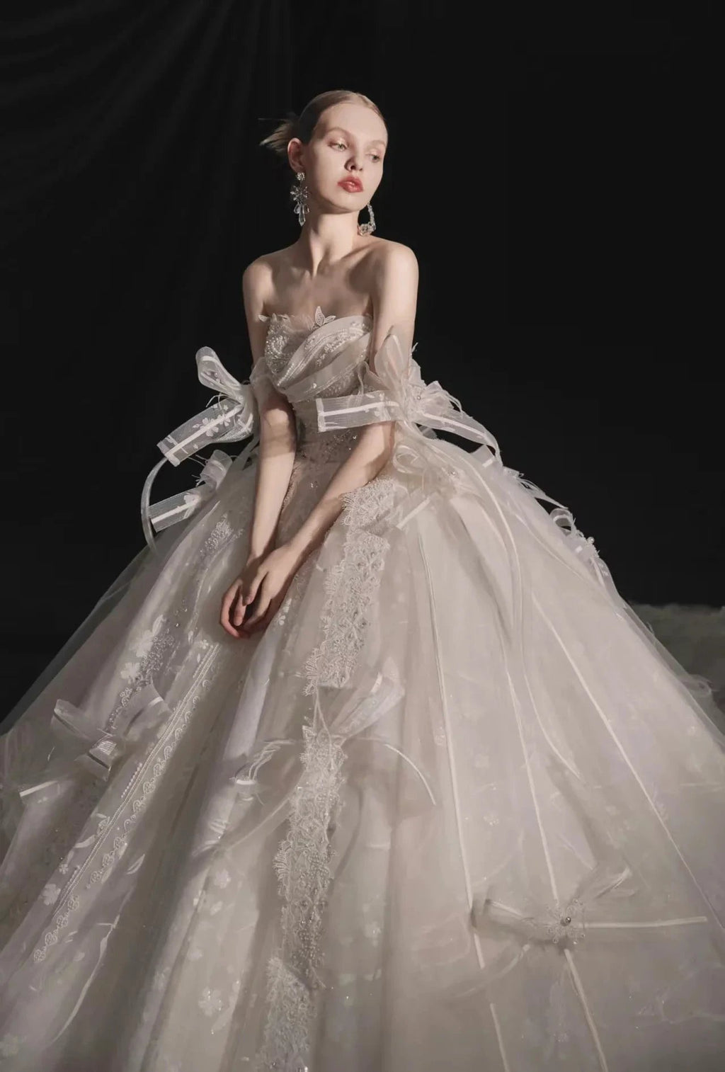 Romantic Strapless Ball Gown Tulle Ribbon Embellished Lace Wedding Dress with Voluminous Skirt H008 by ZAPDRESS
