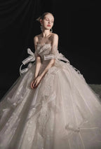Romantic Strapless Ball Gown Tulle Ribbon Embellished Lace Wedding Dress with Voluminous Skirt H008 by ZAPDRESS
