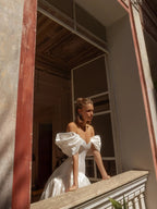 Romantic White Satin Off-the-Shoulder Puff Sleeve Ball Gown Wedding Dress SW192