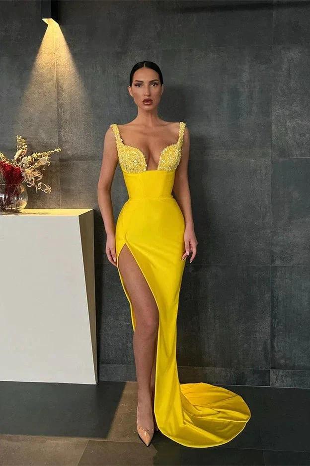 Sweetheart Yellow Mermaid Prom Dress with Slit and Beads by BIZTUNNEL