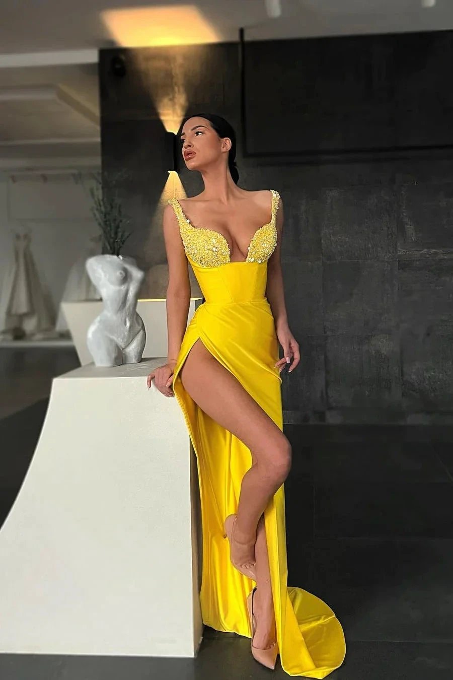 Sweetheart Yellow Mermaid Prom Dress with Slit and Beads by BIZTUNNEL