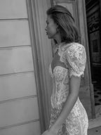 Vintage Ivory Lace High Neck Puff Sleeve Backless Mermaid Wedding Dress SW180