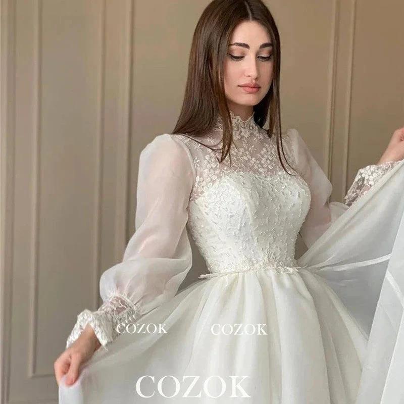Organza A Line Appliques Lace Wedding Dress Puff Long Sleeves High Neck Bridal Gowns Robe De Mariage Custom TG001 by payinti