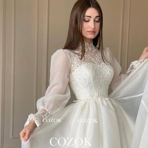Organza A-Linie Applikationen Spitze Brautkleid Puff Long Sleeves High Neck Brautkleider Robe De Mariage Benutzerdefinierte TG001 