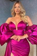 Long Mermaid Sweetheart Satin Front Slit Prom Dress With Detachable Sleeves by BIZTUNNEL