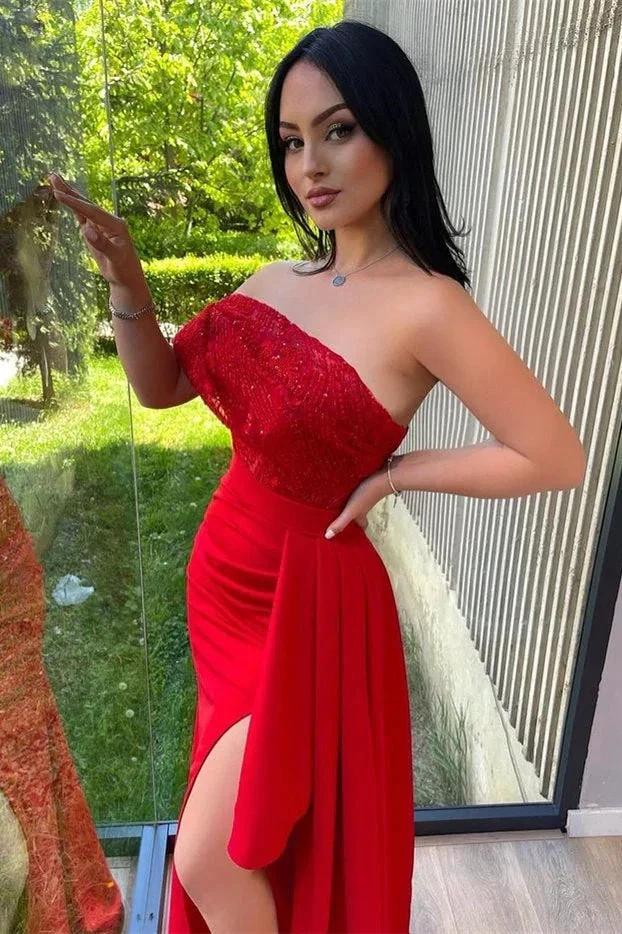 Split Front One Shoulder Mermaid Gown with Sequins and Lace Appliques by BIZTUNNEL