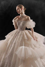 Opulent Off-the-Shoulder Ball Gown Tulle Puff Sleeve Beaded Lace Wedding Dress with Layered Ruffled Train & Choker Q6001 by ZAPDRESS