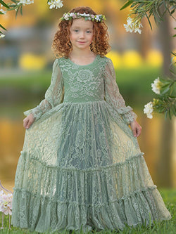 Lace Ankle-length Sage Green Boho Flower Girl Dress - photo 1