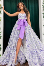 Chic Floral Printed Chiffon Strapless Long Prom Dresses with Slit by Kissprom