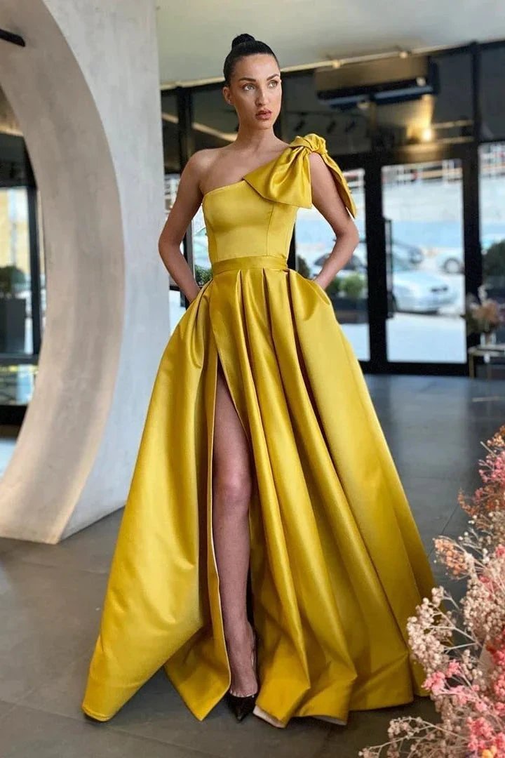 One Shoulder Long A-line Satin Front Slit Prom Dress With Pockets by BIZTUNNEL
