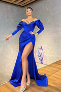 Regal Sapphire V-Neck Mermaid Prom Dress with Elegant Long Sleeves and Beads by BIZTUNNEL
