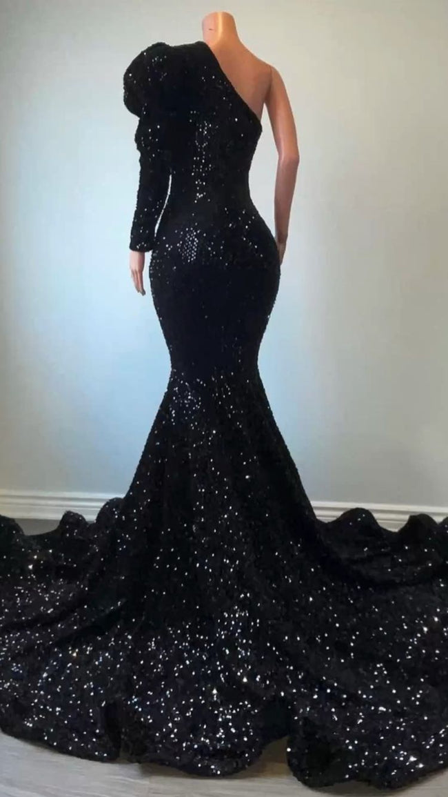 Black Sequins Long Prom Dress One Puffy Sleeve Mermaid Evening Dress Y15 Main Image