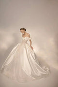 Opulent Ball Gown Off-the-Shoulder Satin Wedding Dress with Sequin Embroidery & Dramatic Train Q6018 by ZAPDRESS