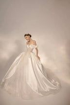 Opulent Ball Gown Off-the-Shoulder Satin Wedding Dress with Sequin Embroidery & Dramatic Train Q6018 by ZAPDRESS