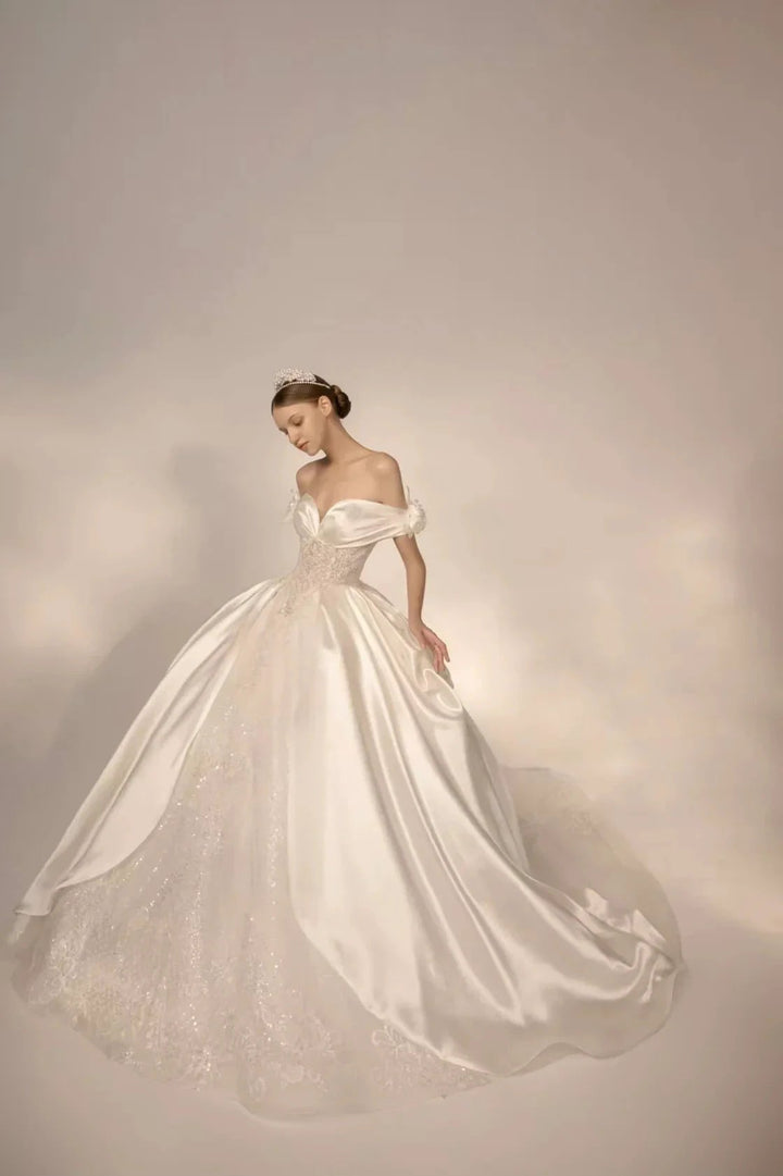 Opulent Ball Gown Off-the-Shoulder Satin Wedding Dress with Sequin Embroidery &amp; Dramatic Train Q6018 by ZAPDRESS