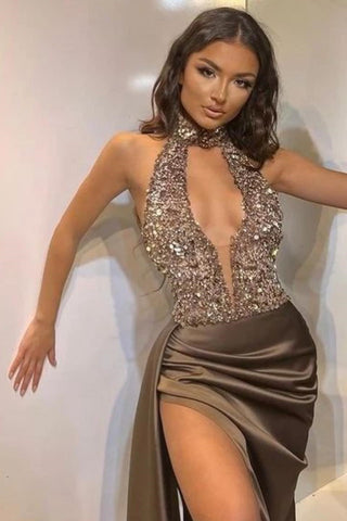 Sexy Halter Deep V-neck Sequins Mermaid Prom Dress with Split Front