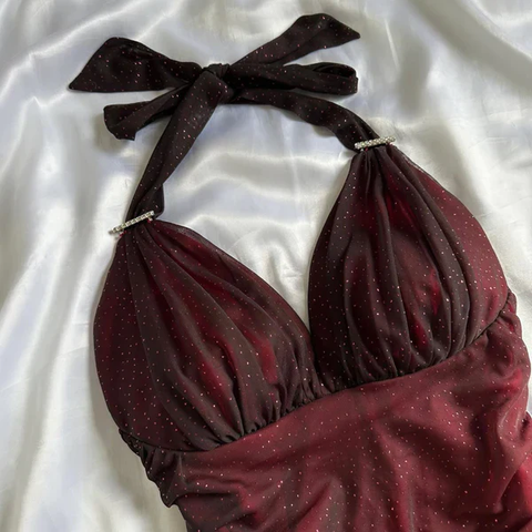 Vestido de fiesta de noche sexy de gasa con cuello en V y escote halter rojo degradado Y7485