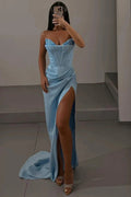 Eadlin | Sky Blue Strapless Satin Beaded Long Prom Dress With Split by KissProm