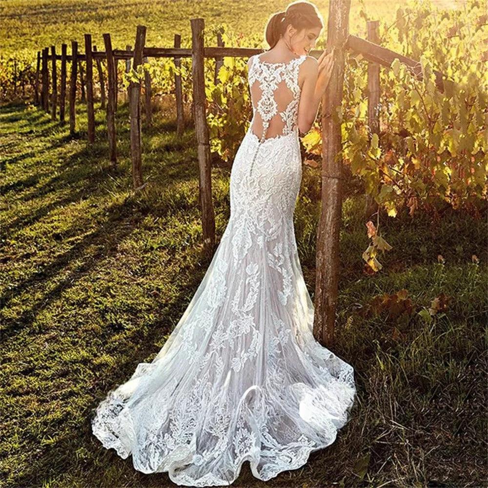 Customized Sexy V-Neck Mermaid Wedding Dress 2026 Lace Boho Sleeveless Bride Gown Buttons Pleats Illusion Back Vestido De Novia by ZAPDRESS