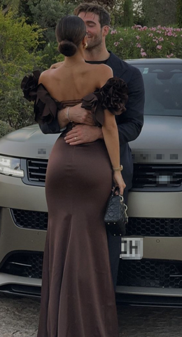 Braunes Luxus-Meerjungfrau-Abendkleid, schulterfrei, langes Ballkleid Y7592