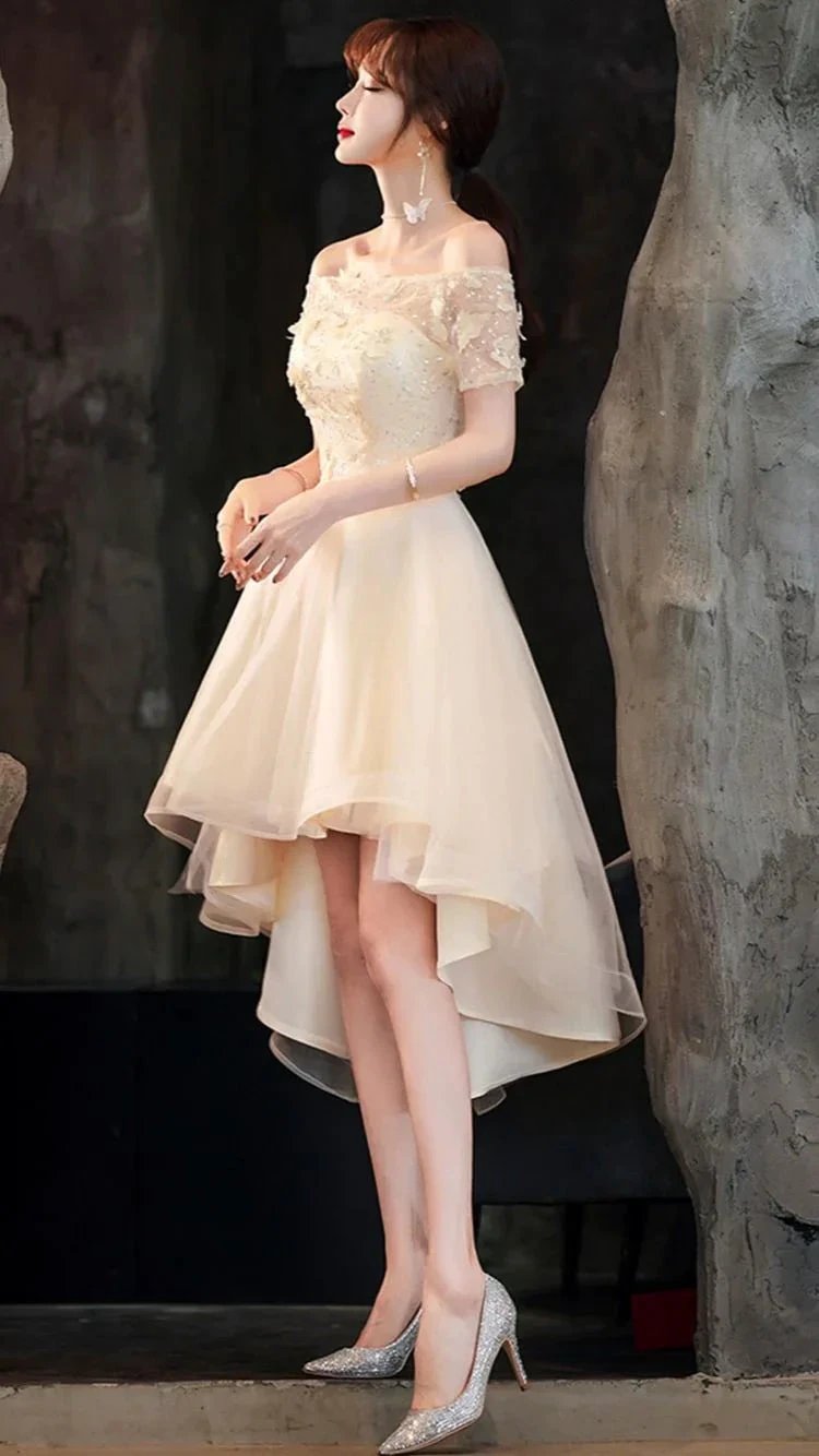 Champagne tulle high low prom dress champagne evening dress Y983 by simplepromdress