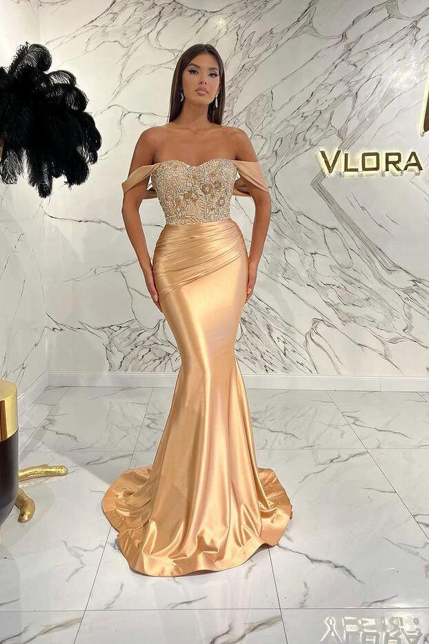 Long Off The Shoulder Mermaid Satin Beads Formal Prom Dress by BIZTUNNEL
