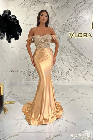 Langes, schulterfreies Meerjungfrau-Abendkleid aus Satin mit Perlen