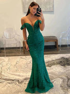 Ebony | Mermaid Emerald Off the Shoulder Lace Long Prom Dress by KissProm