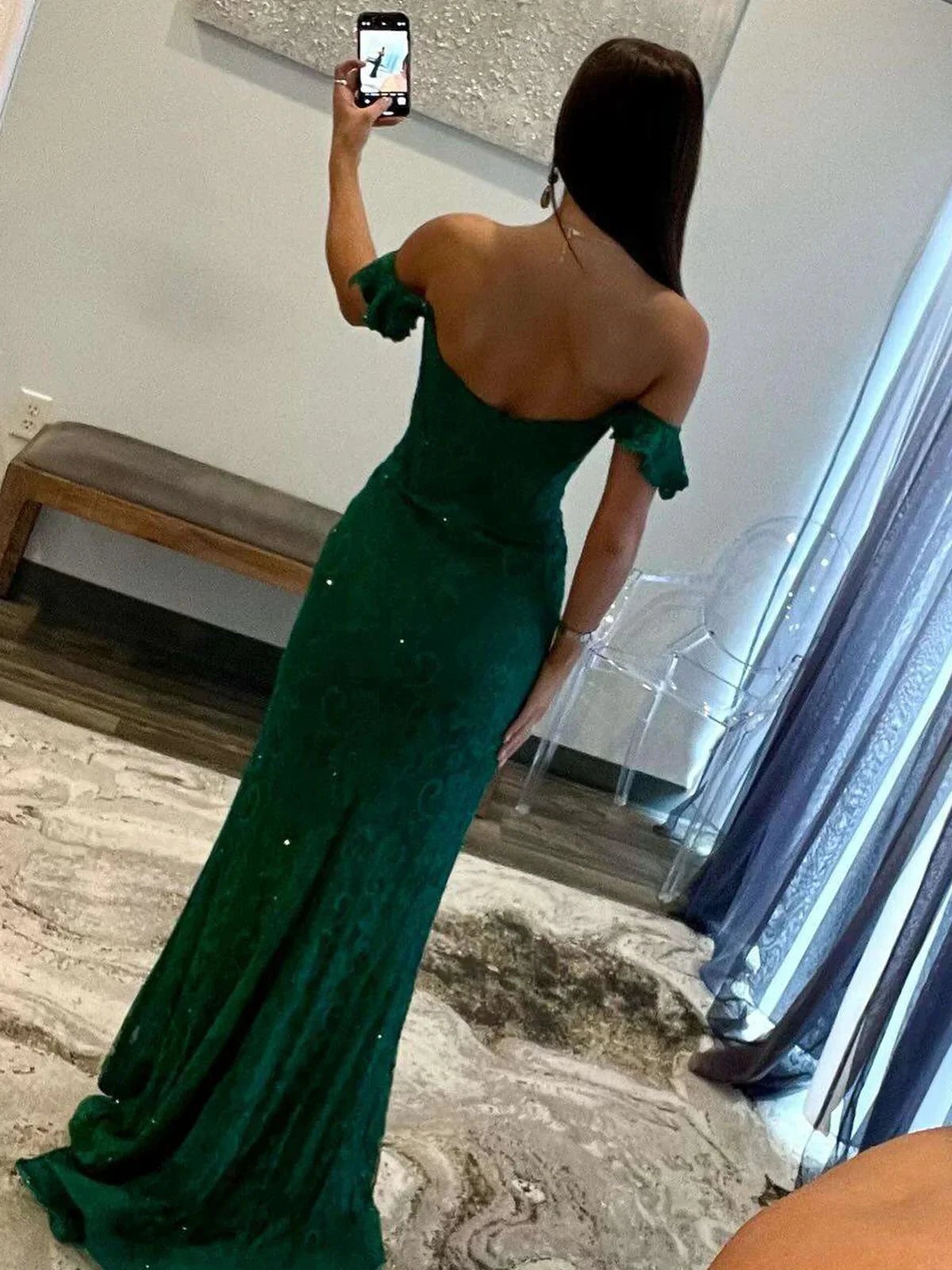 Ebony | Mermaid Emerald Off the Shoulder Lace Long Prom Dress by KissProm