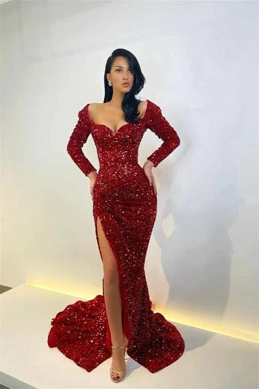 Mermaid Evening Dress with Split and Sequins Long Sleeves by BIZTUNNEL