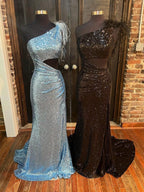 One Shoulder Sparkly Unique Black Mermaid Prom Dress by KissProm