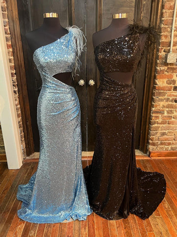 Einschultriges, funkelndes, einzigartiges schwarzes Meerjungfrau-Ballkleid