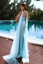 Sky Blue Spaghetti-Strap Beadings Mermaid V-Neck Prom Dress with Sequins and Split by BIZTUNNEL