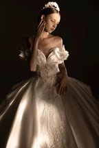 Opulent Ball Gown Off-the-Shoulder Satin Wedding Dress with Sequin Embroidery & Dramatic Train Q6018 by ZAPDRESS