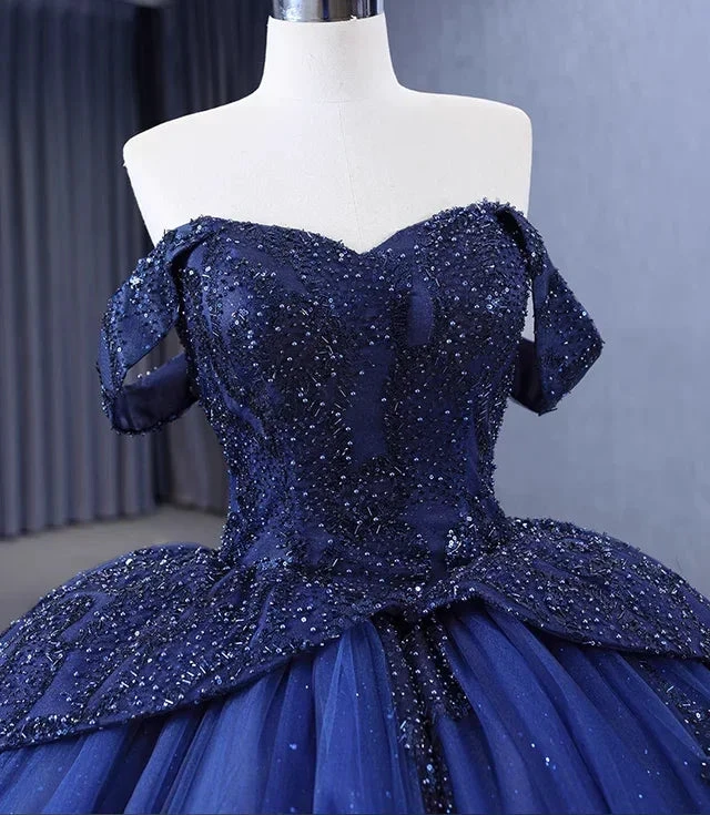 Luxurious Off The Shoulder Sequins Beaded Tulle Ball Gown Navy Blue Birthday Prom Dress Y7681 by simplepromdress