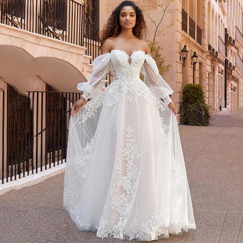 RODDRSYA Beach Wedding Dresses Lace Puff Sleeves Bridal Gowns Princess Off Shoulder Vestido De Novia Appliques Tulle Sweep Train by payinti