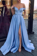 A-line Sky Blue Dream Off-the-Shoulder Prom Dress with Sultry Slit anf Ruffle by BIZTUNNEL