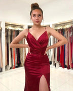 Split Front Spaghetti-Strap V-neck Burgundy Mermaid Prom Dress by BIZTUNNEL