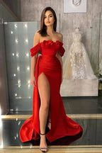 Classic Red Off The Shoulder Ruffles Long Mermaid Prom Dress With Slit by BIZTUNNEL