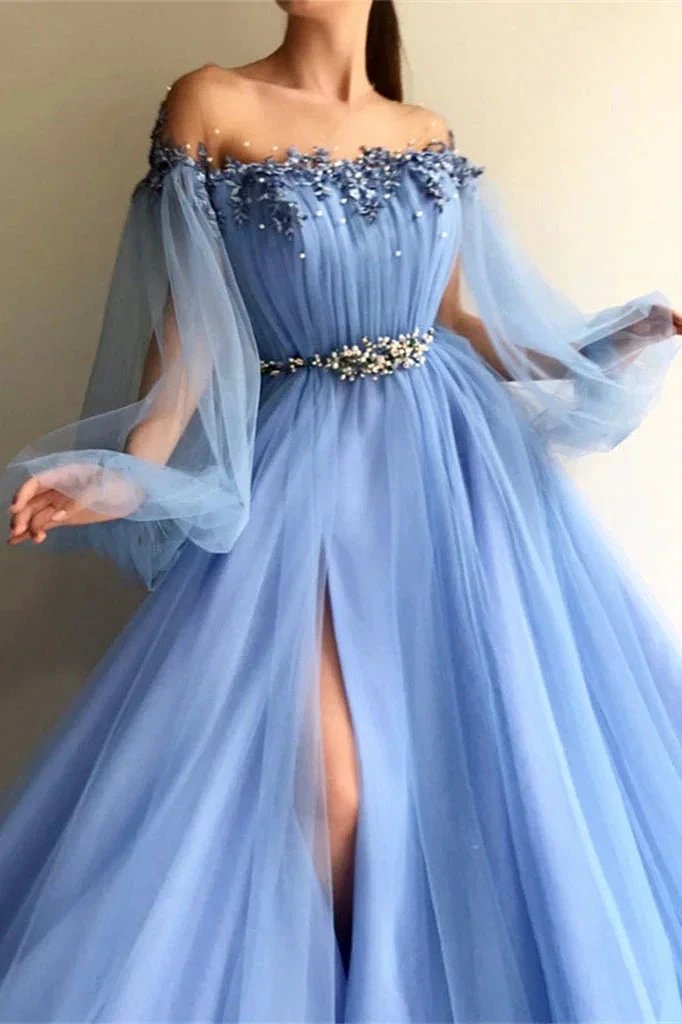 Off-the-Shoulder Long Sleeves Long Tulle Prom Dress With Beads and Slits by BIZTUNNEL