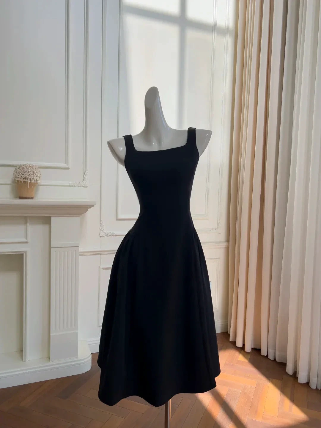 Elegant Black Square Neck Satin Prom Dress A Line Evening Dress Y8589 by simplepromdress
