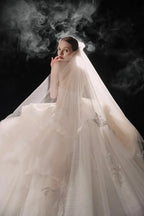 Opulent High-Neck Ball Gown Beaded Mesh Capelet Ruffled Skirt Wedding Dress with Sparkling Train Q6009 by ZAPDRESS