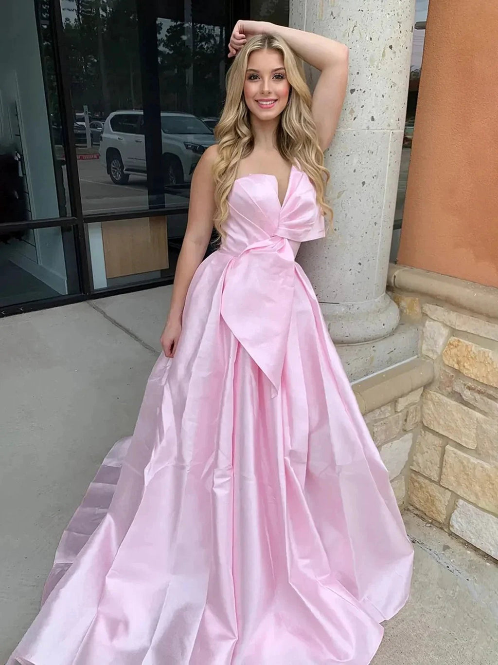 Edgar | Strapless White Satin A-line Long Formal Dress with Bow by KissProm
