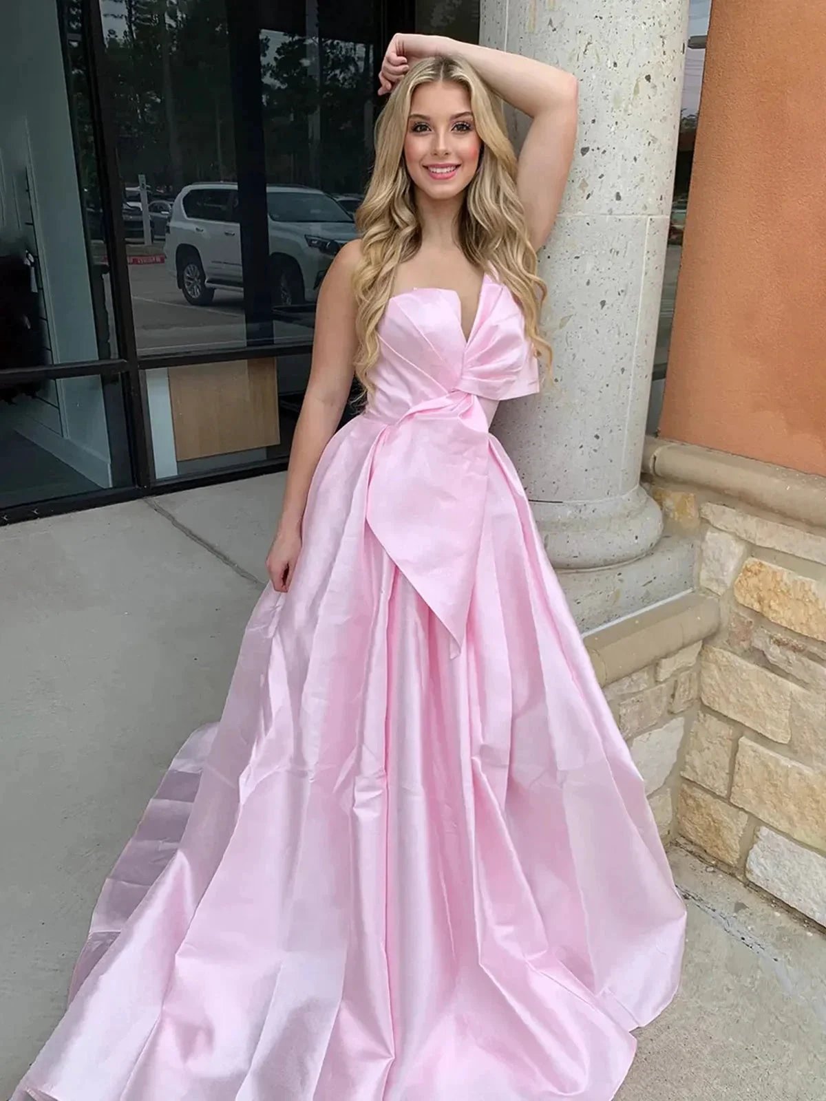 Edgar | Strapless White Satin A-line Long Formal Dress with Bow by KissProm