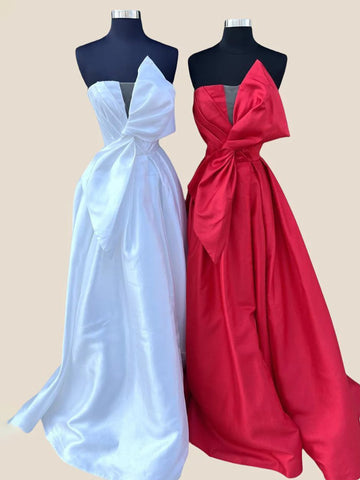 Edgar | Strapless White Satin A-line Long Formal Dress with Bow