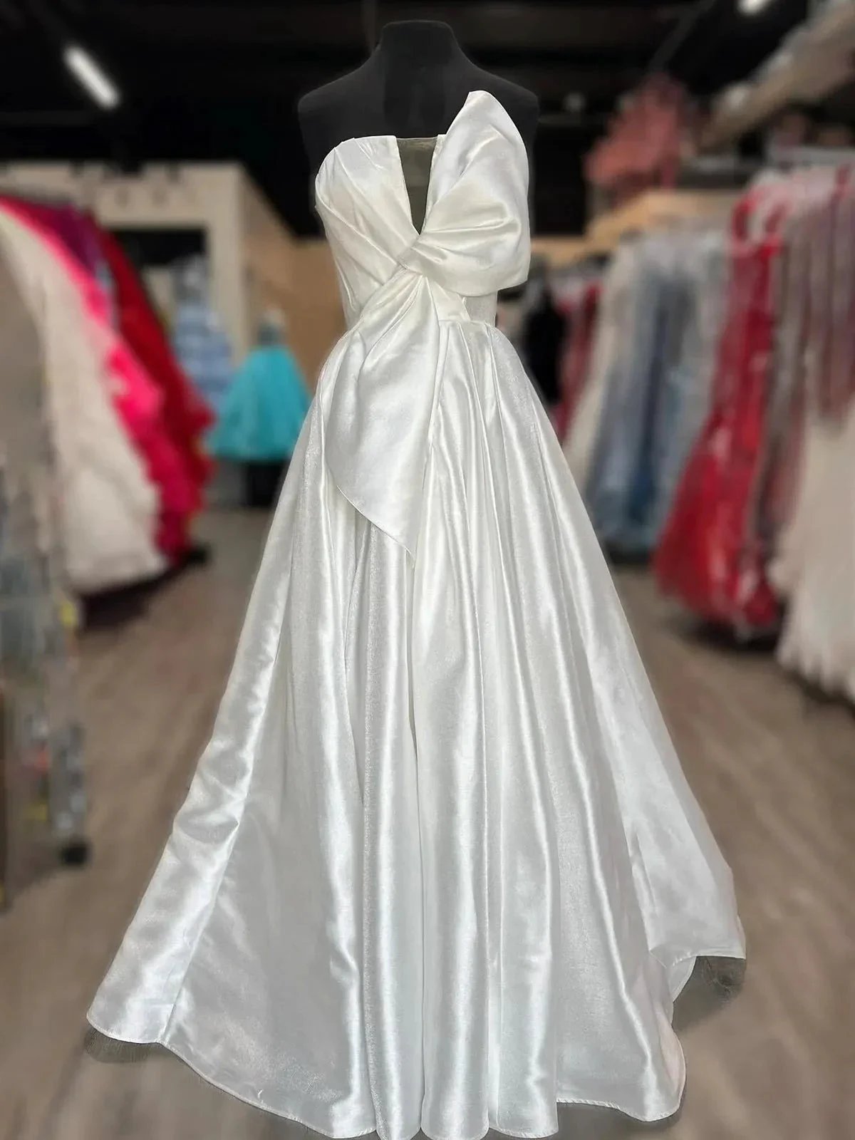 Edgar | Strapless White Satin A-line Long Formal Dress with Bow by KissProm