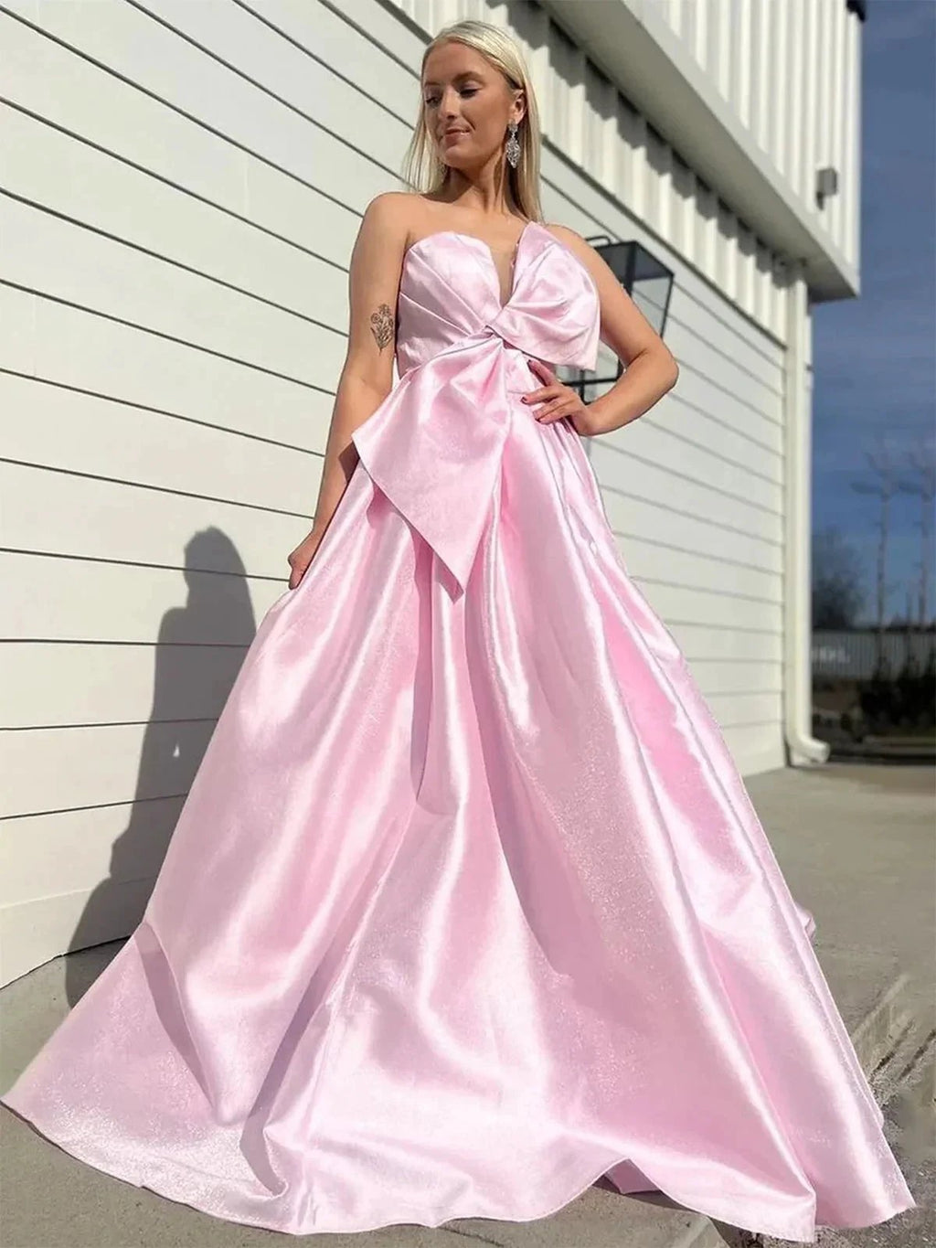 Edgar | Strapless White Satin A-line Long Formal Dress with Bow by KissProm
