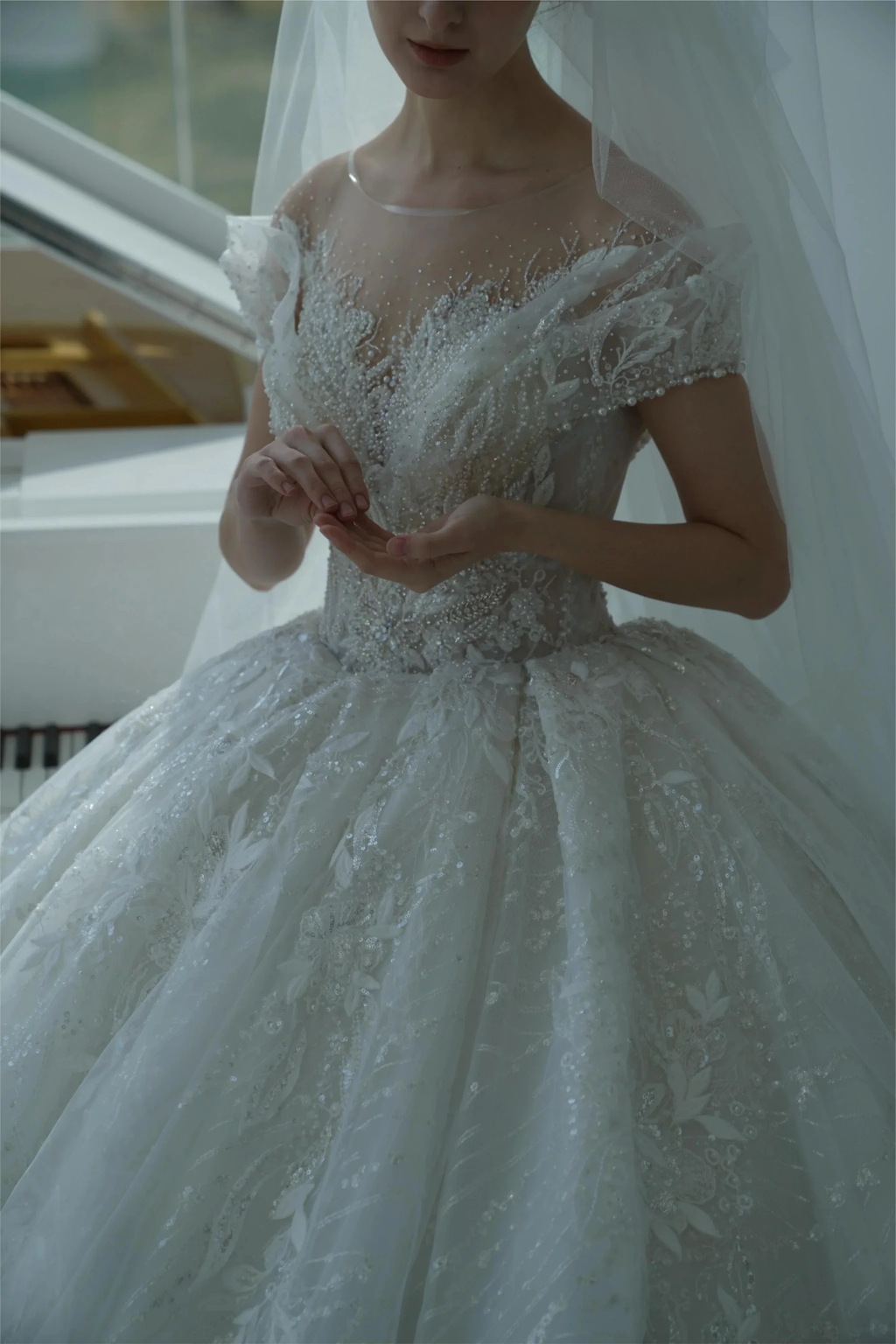 Ethereal Ball Gown Off-the-Shoulder Illusion Lace Wedding Dress with Beaded Embroidery & Cathedral Train M-002 by ZAPDRESS