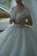 Ethereal Ball Gown Off-the-Shoulder Illusion Lace Wedding Dress with Beaded Embroidery & Cathedral Train M-002 by ZAPDRESS